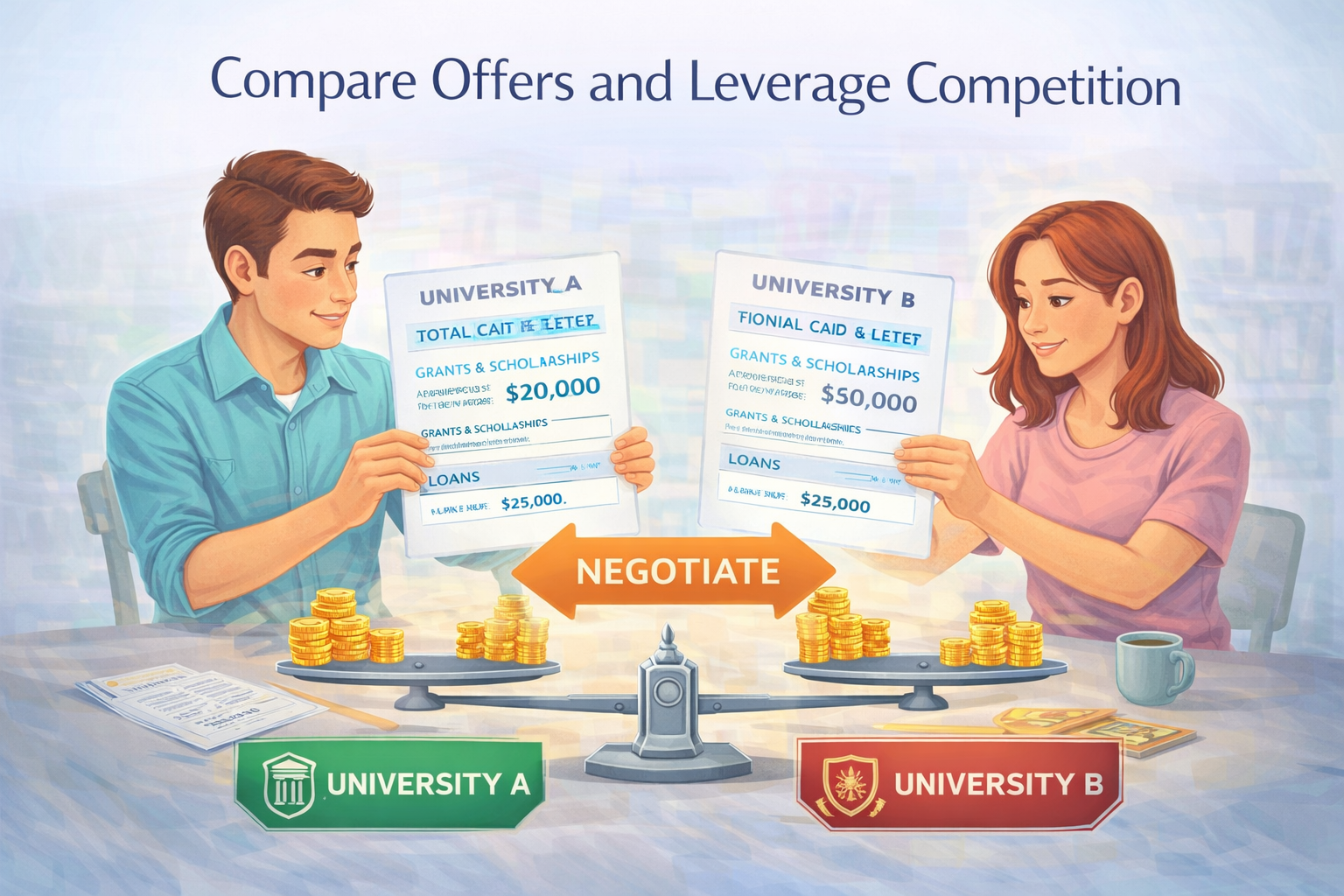 Graphic showing two college financial aid offers being compared to negotiate for a better package.