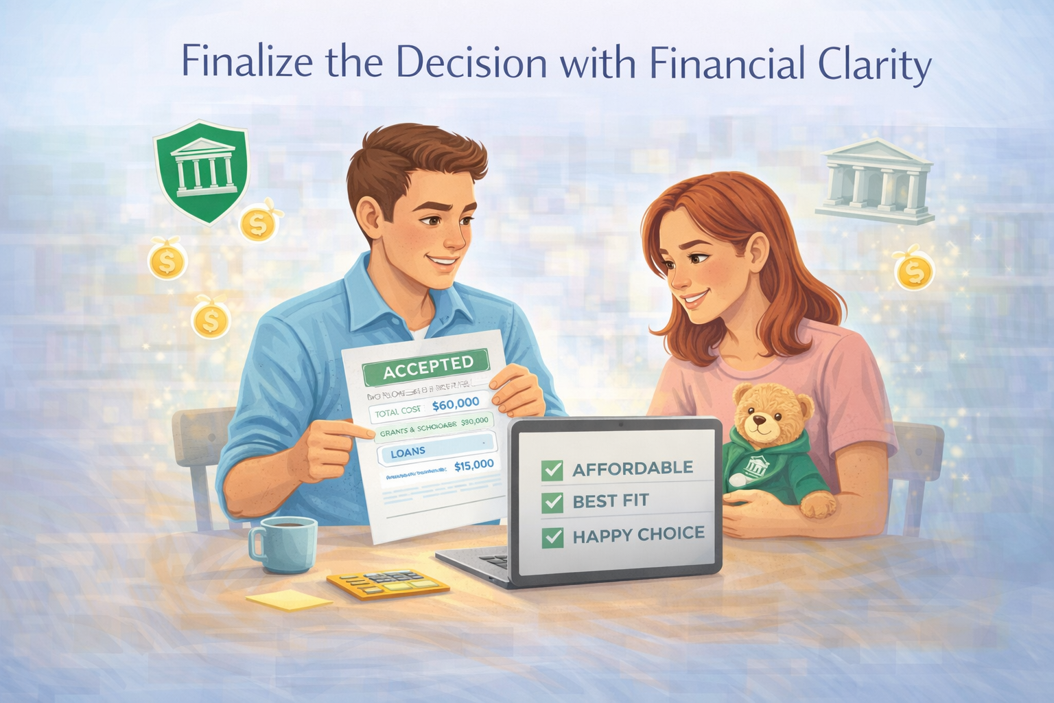 Students reviewing an acceptance and cost breakdown to choose the best fit with financial clarity.