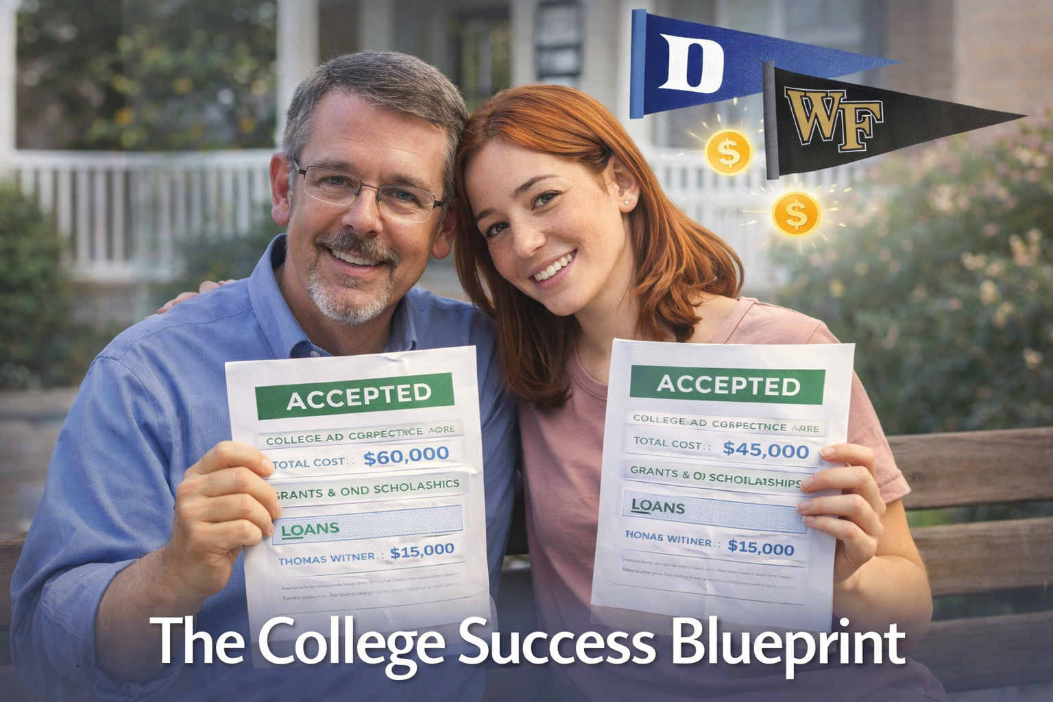 Father and daughter holding college acceptance and financial aid letters to represent the College Success Blueprint.