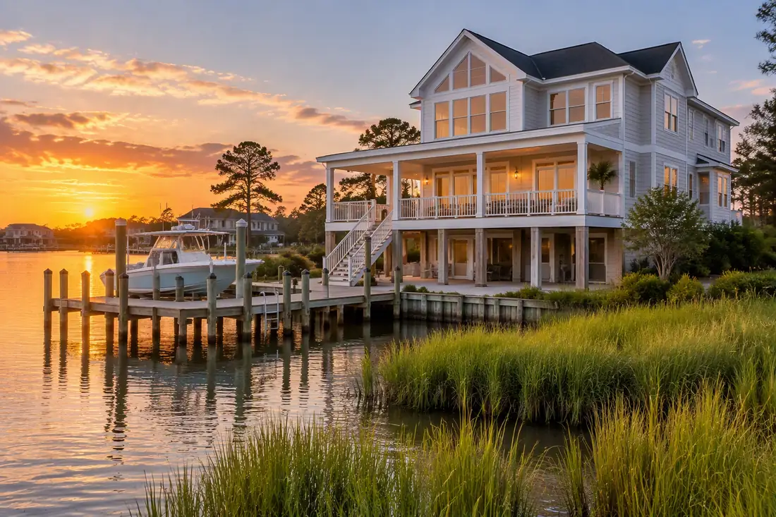 Elevated waterfront home on pilings with a dock and marsh grass at sunset