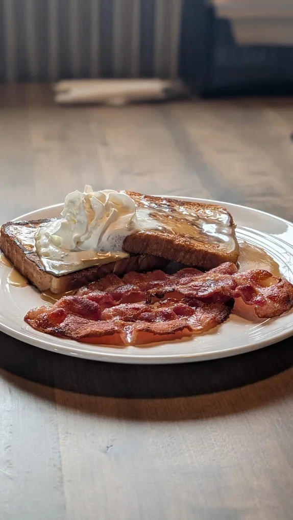 Caramel French toast with whipped cream and bacon strips on a wooden table at The Harvest Table