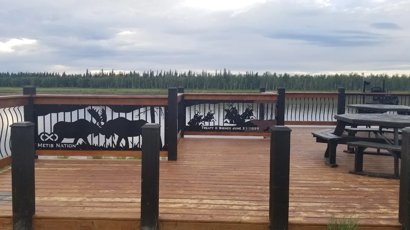 Riverside deck railing and view of the Peace River from the deck across from The Harvest Table