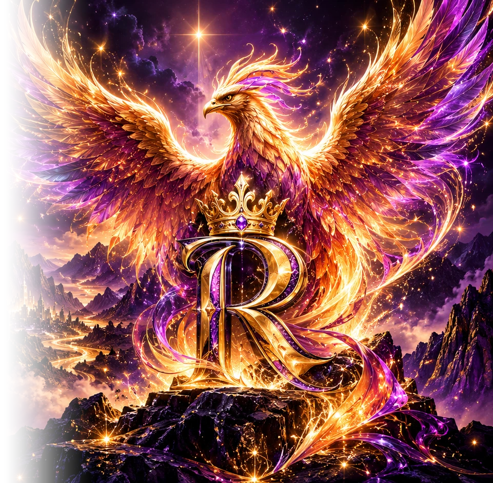Golden and purple phoenix rising behind the Royal Operation crowned R