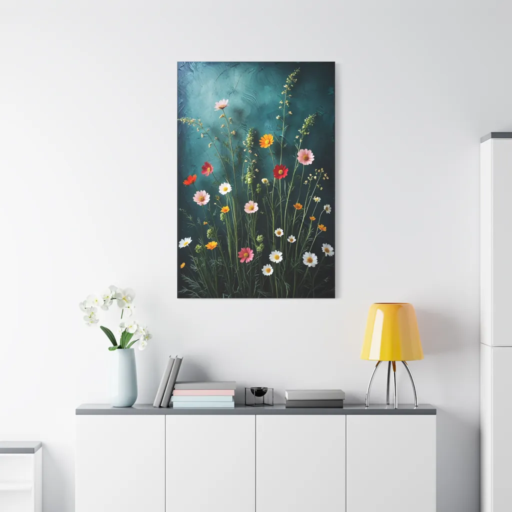artistic teal wildflower print in an office
