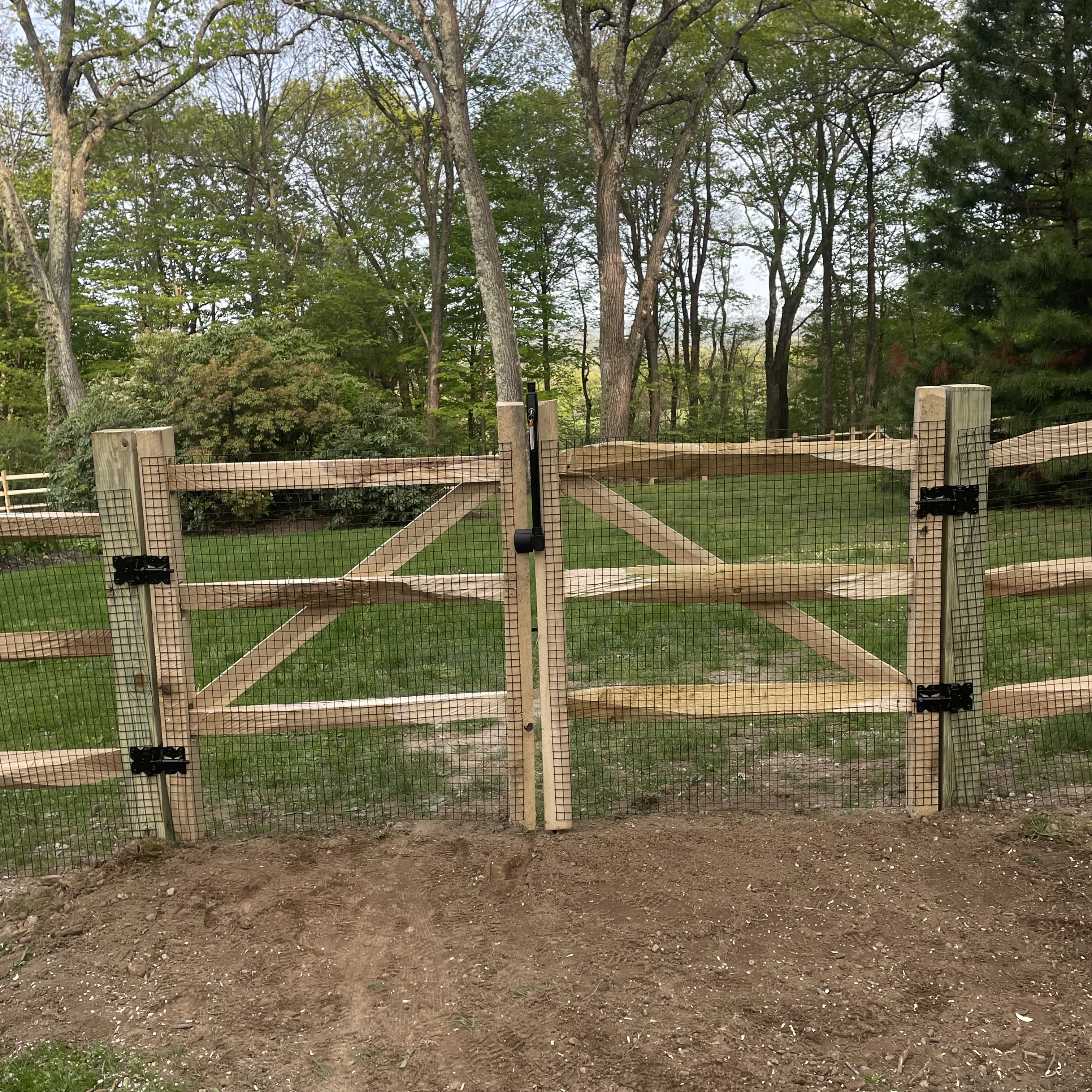 Wooden gate with metal hinges and a lock in a grassy field surrounded by trees