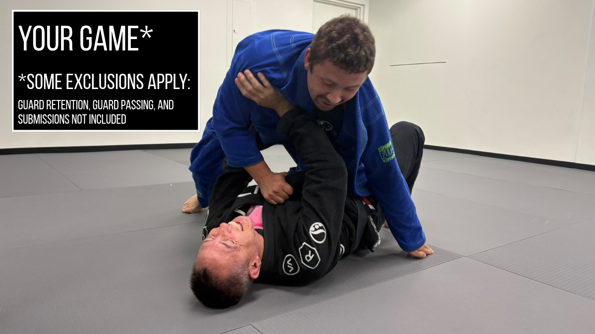 Two jiu jitsu practitioners grappling beneath a “Your Game” disclaimer stating that guard retention, guard passing, and submissions are not included.
