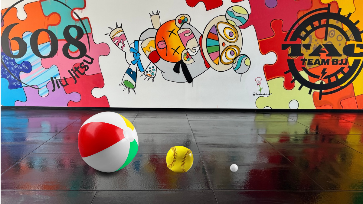 A beach ball, softball, and golf ball lined up on the mats at 608 Jiu Jitsu, with a colorful mural behind them.