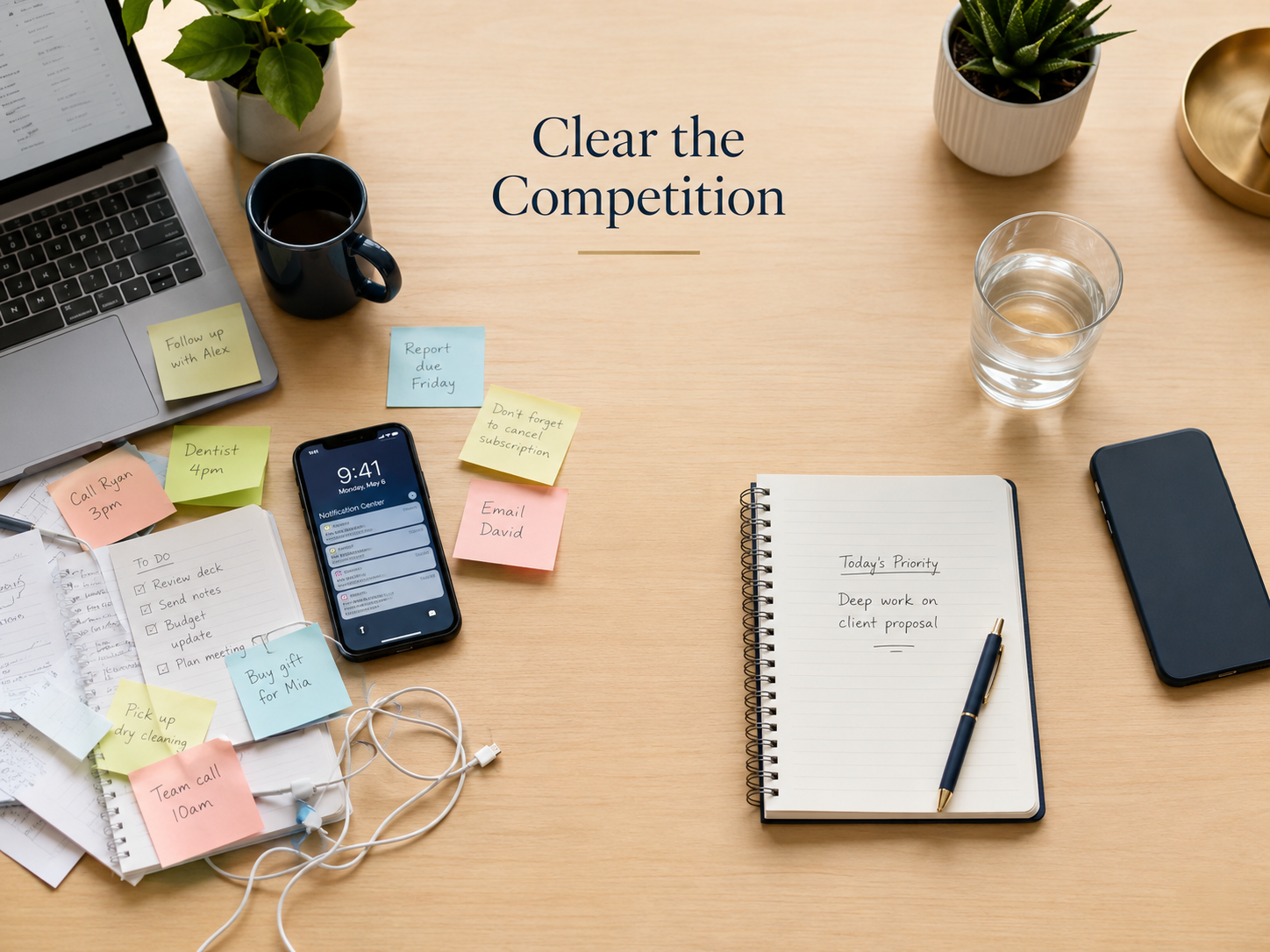A comparison between a distracting workspace and a simplified workspace designed to support concentration.