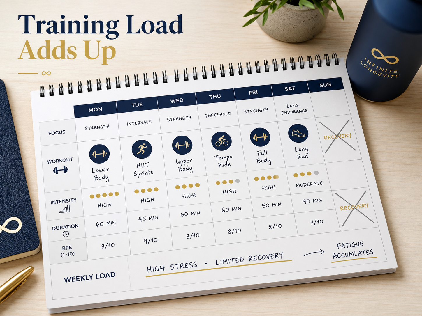 A workout schedule showing repeated training days with too little recovery time between sessions.
