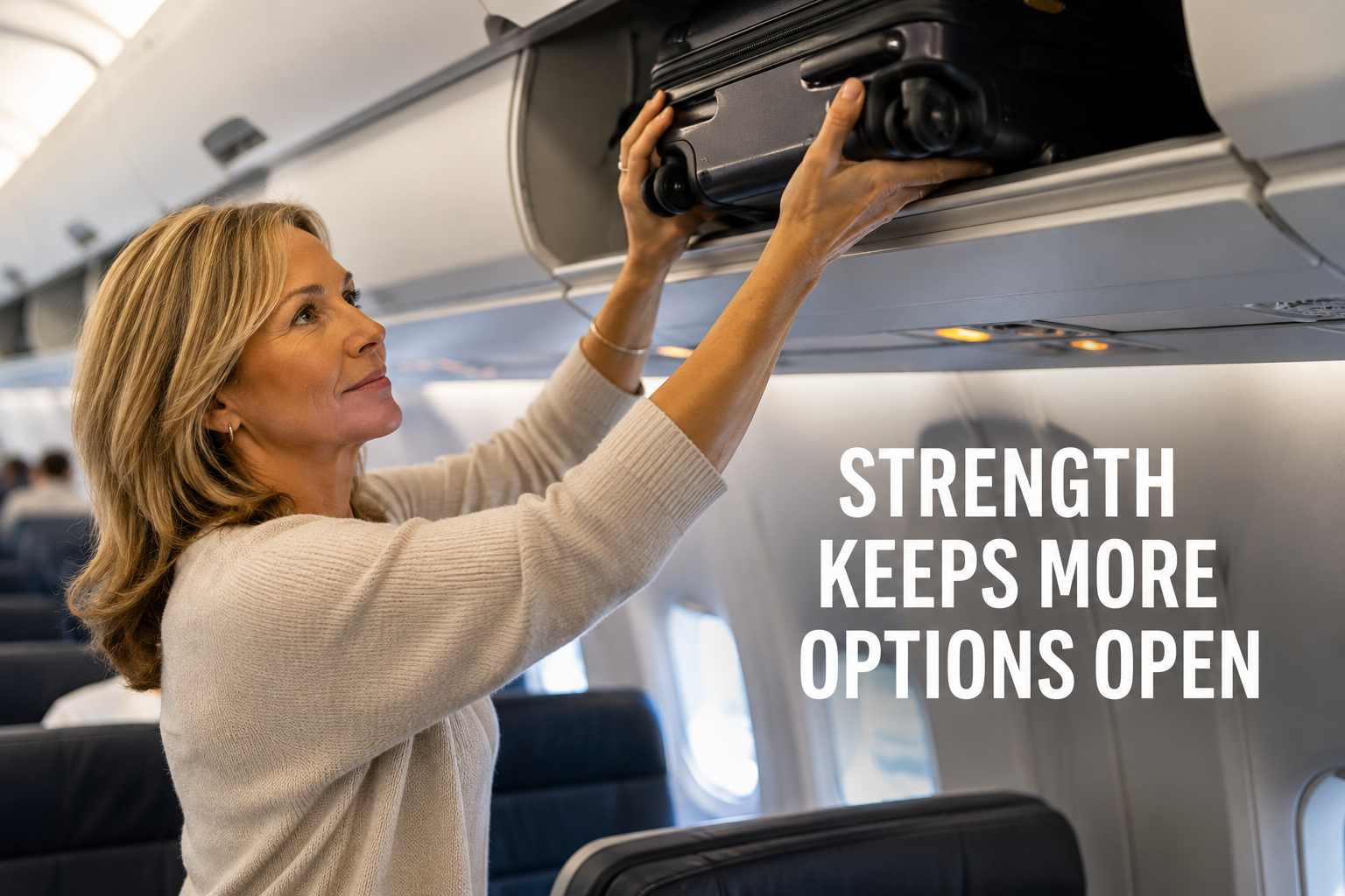 Woman lifting a carry-on into an airplane overhead bin, showing how strength supports independence, travel, and everyday capability.