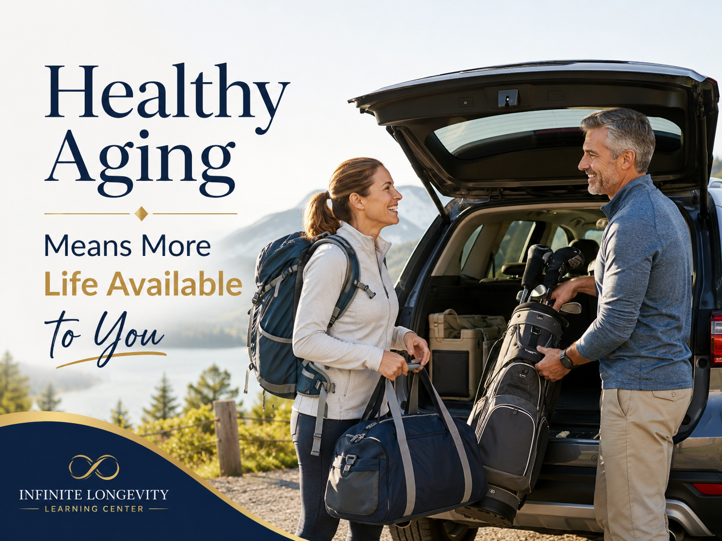 Active adults preparing for an outdoor activity, showing healthy aging as maintaining capability and freedom.