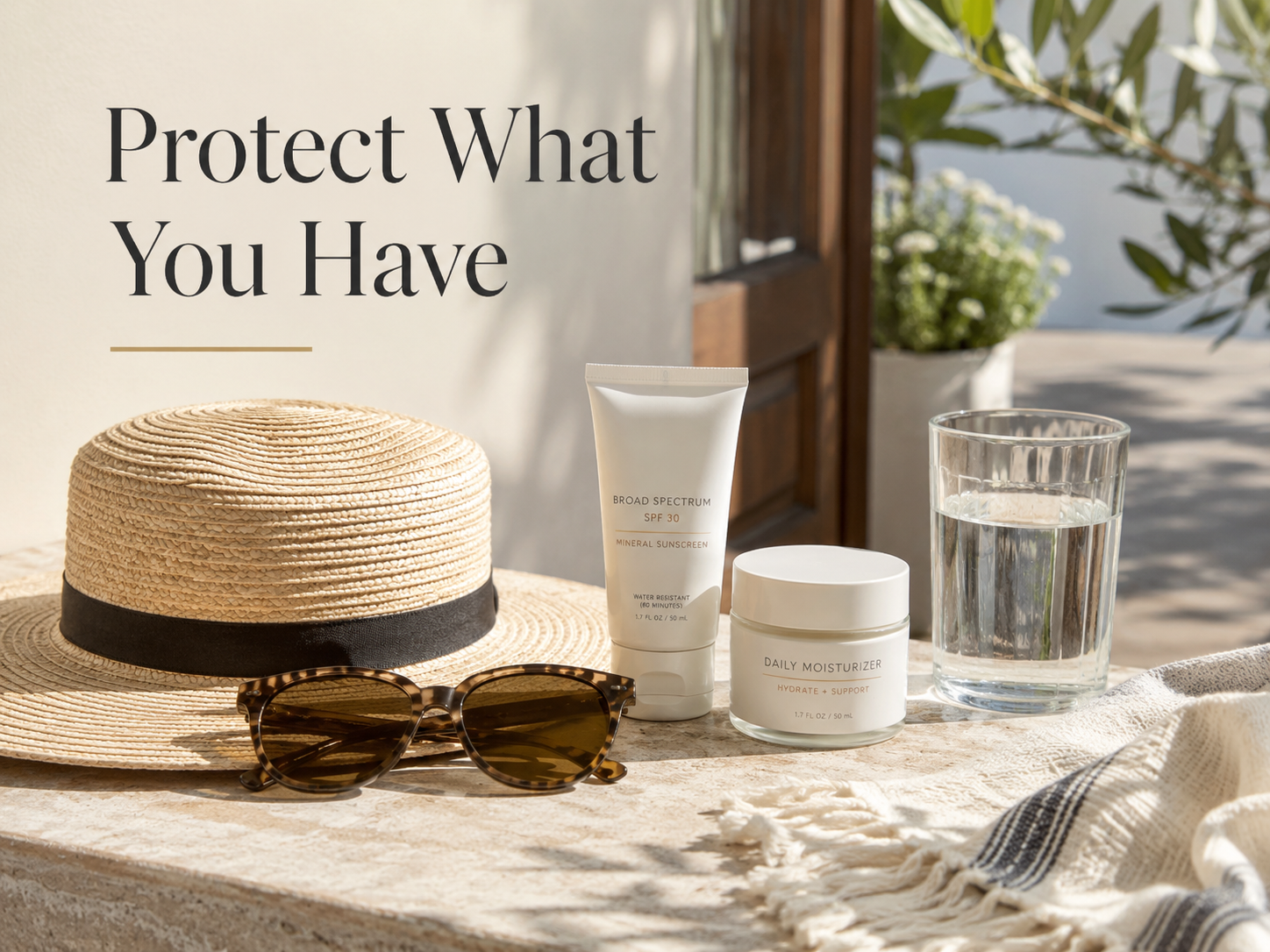 Sun-protection and skin-care essentials including sunscreen, a hat, sunglasses, moisturizer, and water.