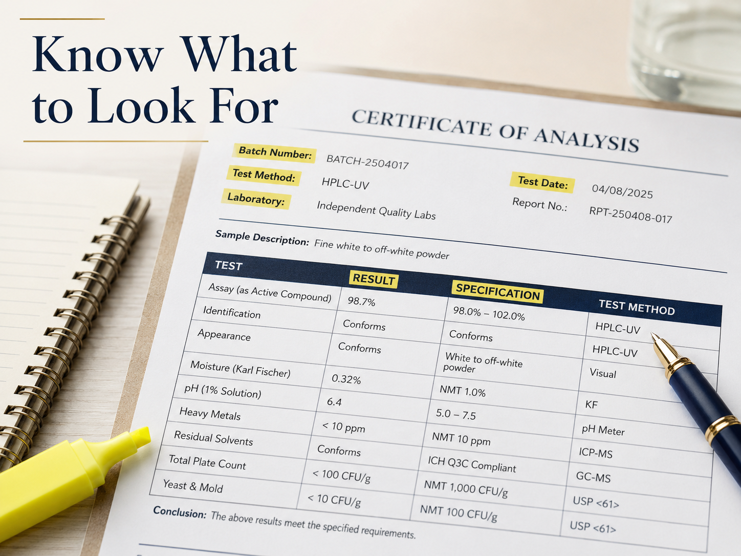 Laboratory report highlighting key information to review on a Certificate of Analysis.