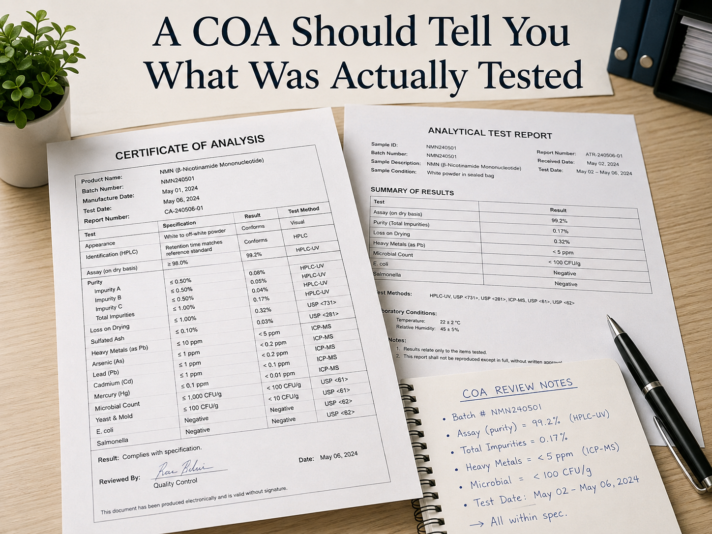 Certificate of Analysis and laboratory test reports showing batch-specific analytical results.