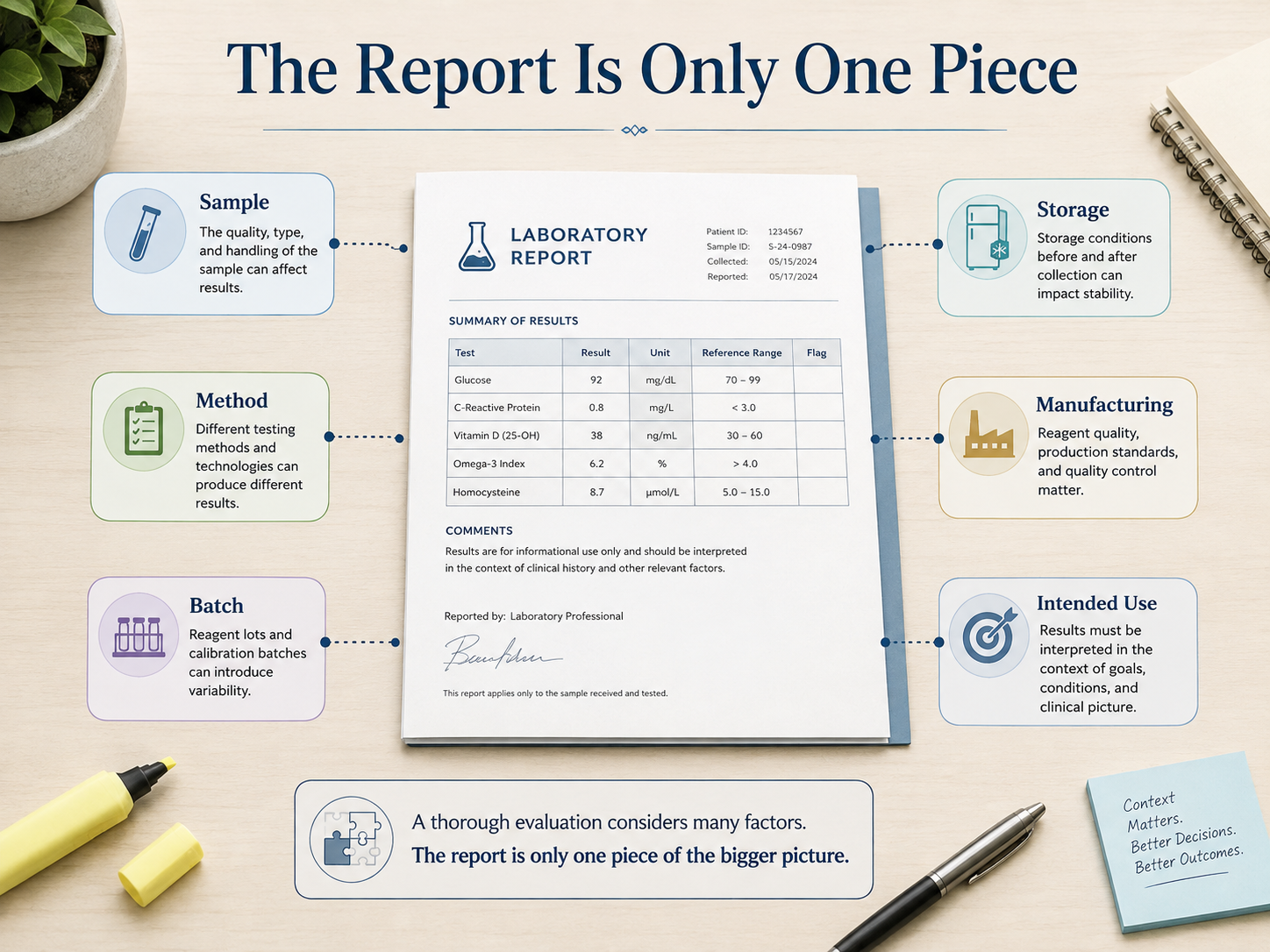 Laboratory report surrounded by factors such as sampling, manufacturing, storage, batch traceability, method, and intended use.
