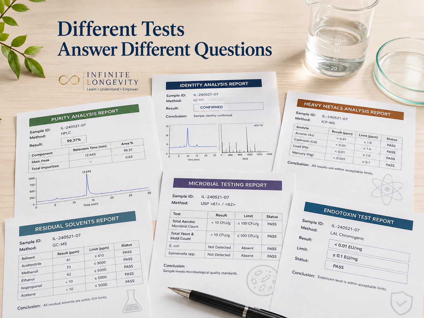 Multiple laboratory reports showing that identity, purity, contaminants, and microbial quality require different types of testing.
