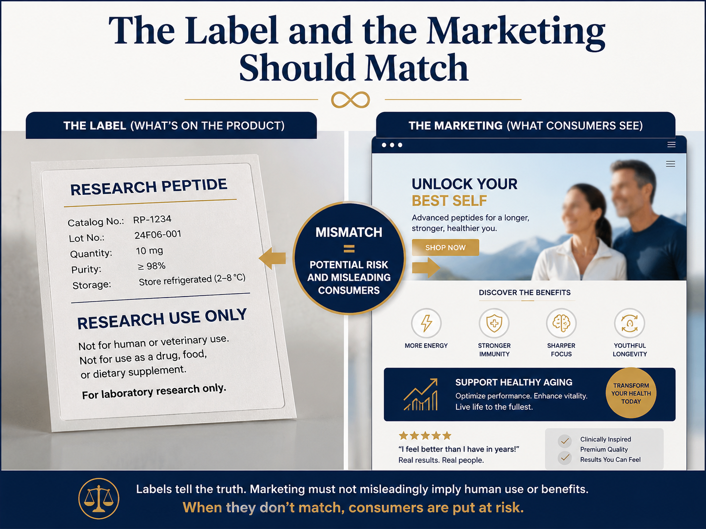 Comparison between a Research Use Only label and human-use marketing claims, showing why intended use matters