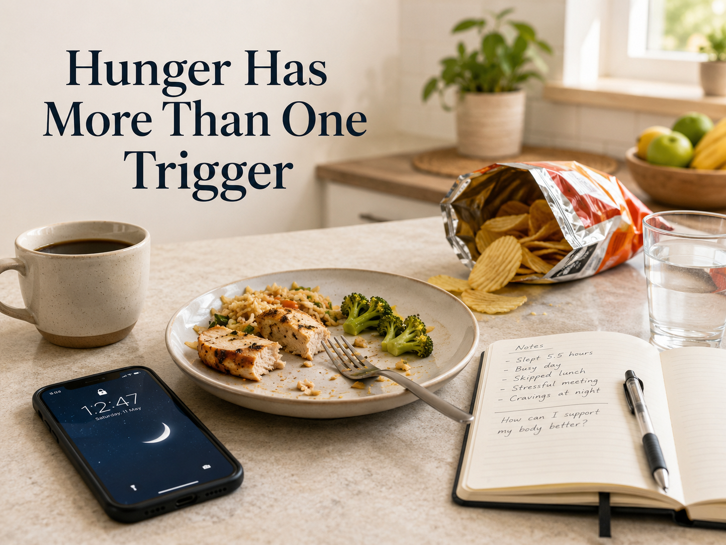 Everyday factors such as meals, sleep, habits, stress, and food availability can all influence appetite.