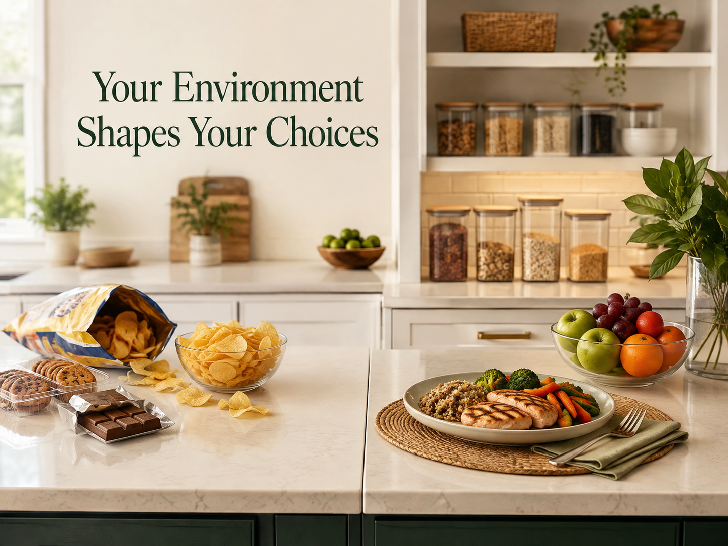 A kitchen environment showing how visible snack foods and prepared meal options may influence eating decisions.