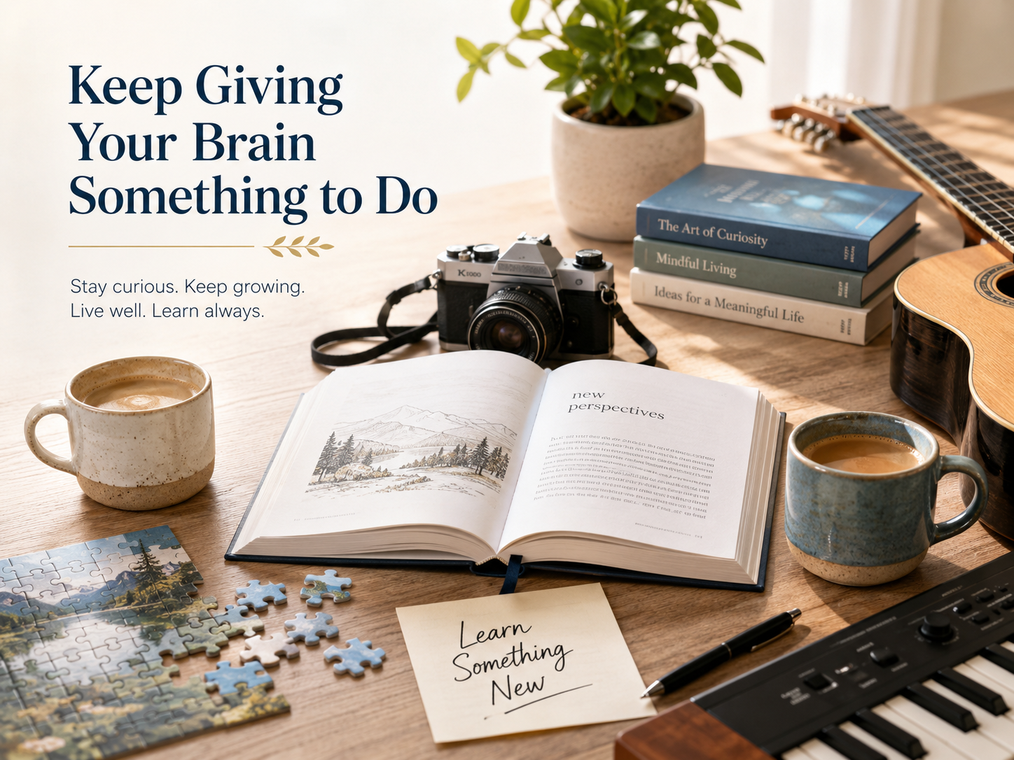 Books, music, photography, learning, and social interaction representing meaningful cognitive engagement. Books, music, photography, learning, and social interaction representing meaningful cognitive engagement.