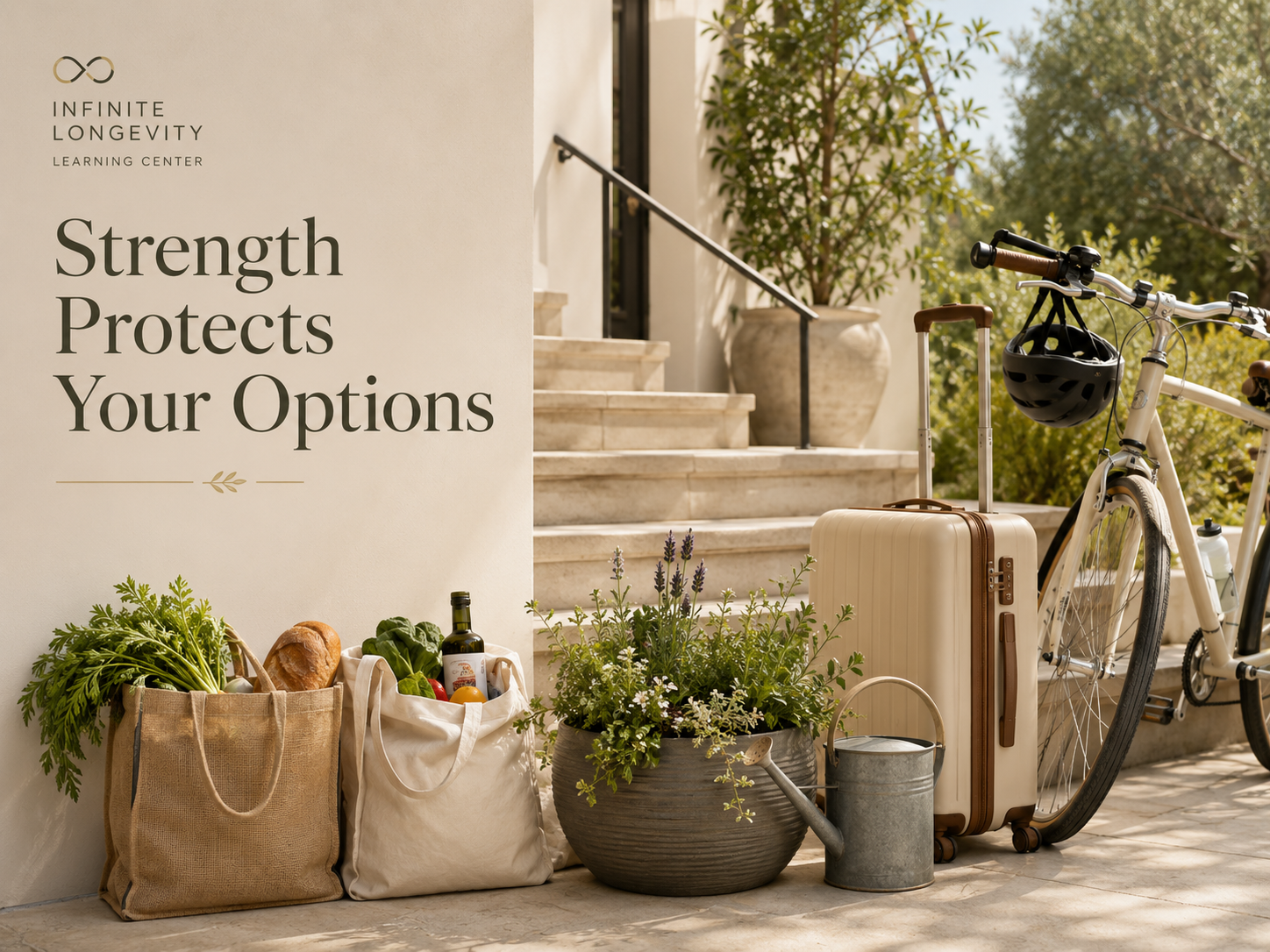 Everyday objects representing activities that depend on strength, including travel, carrying, gardening, stairs, and recreation.