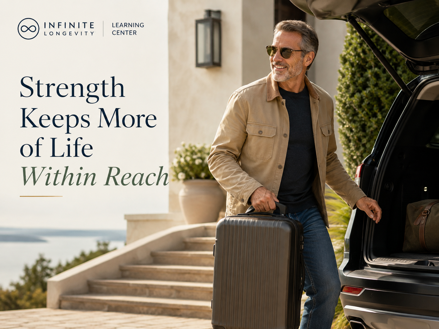 An active adult lifting and carrying luggage, showing how strength supports travel, mobility, and everyday independence.