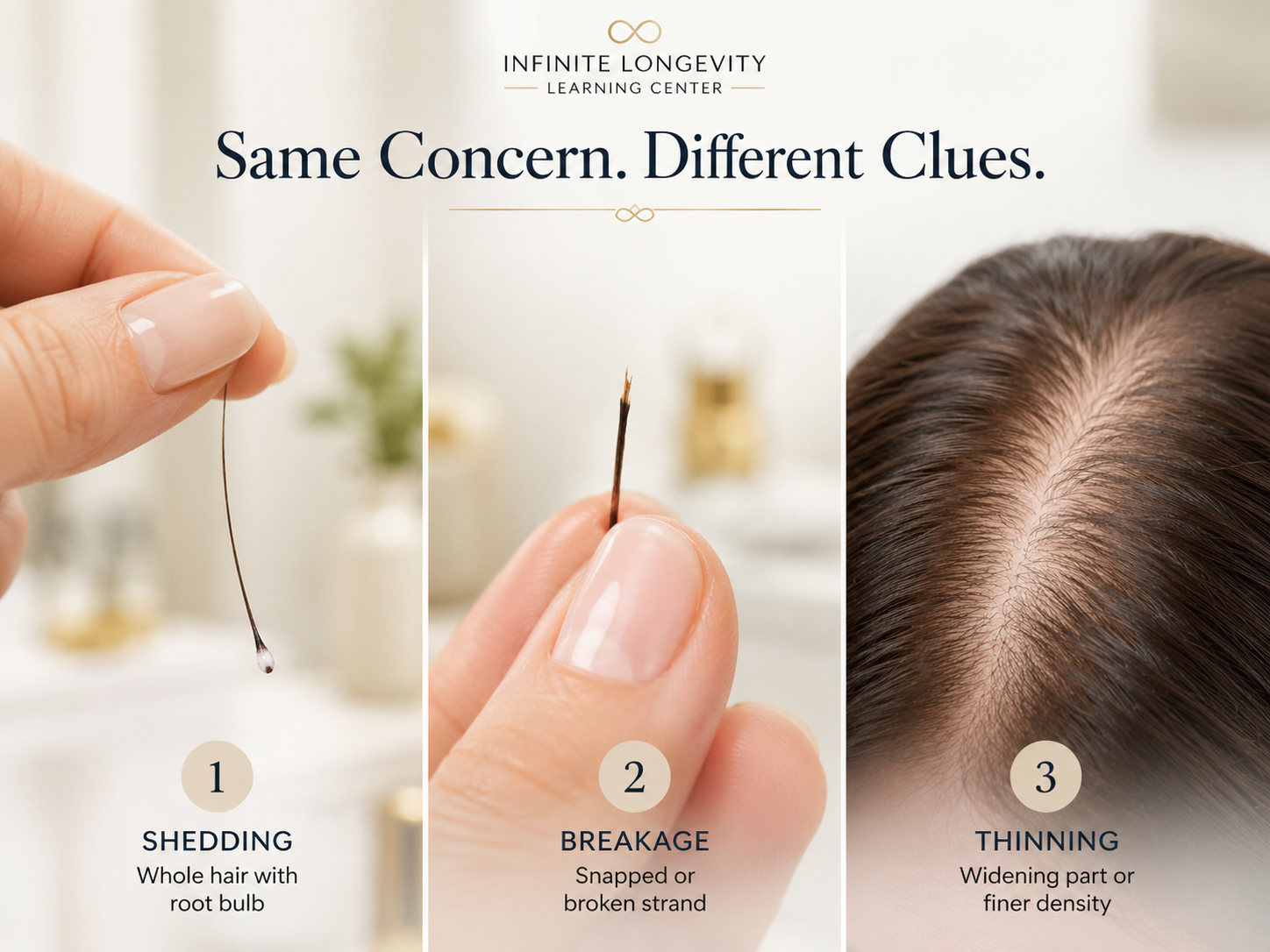 Three examples showing whole-hair shedding, broken hair strands, and gradual thinning in hair density.