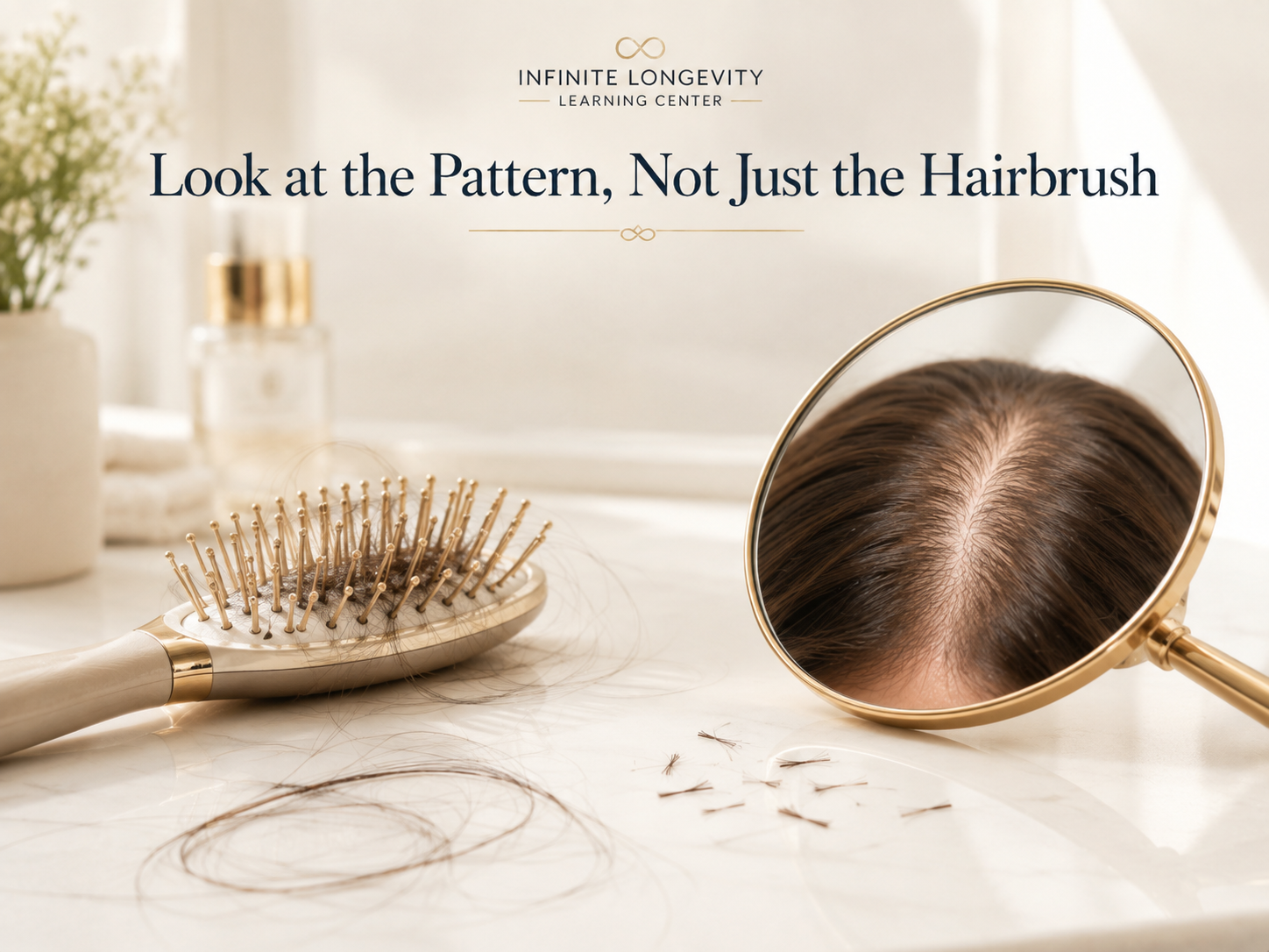 Hairbrush and mirror showing different clues associated with shedding, strand breakage, and gradual thinning.