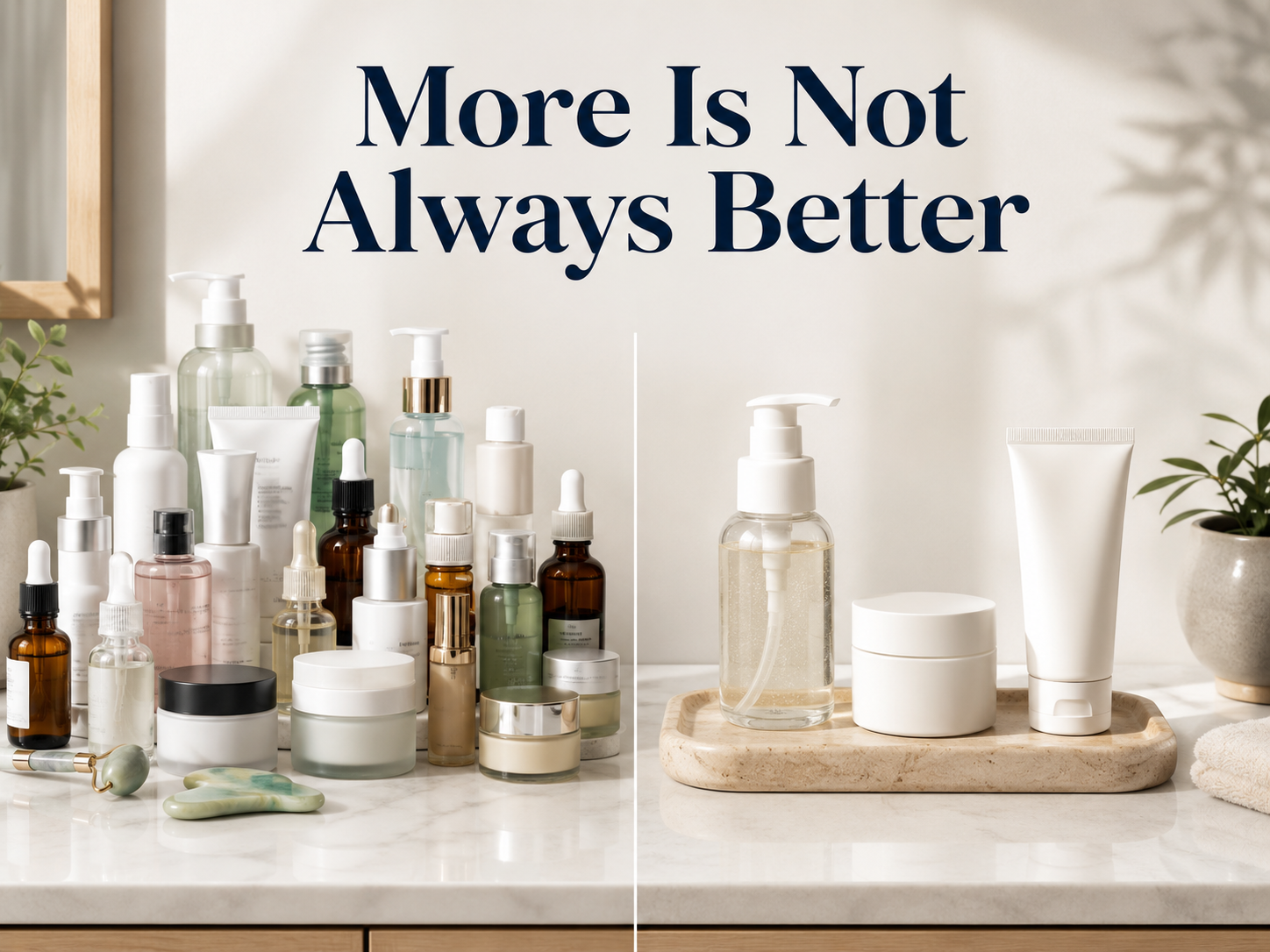 A crowded skin-care routine compared with a simple routine using cleanser, moisturizer, and sunscreen. A crowded skin-care routine compared with a simple routine using cleanser, moisturizer, and sunscreen.