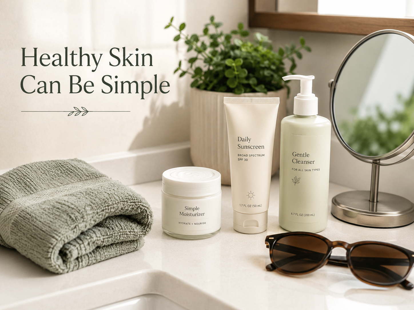 A crowded skin-care routine compared with a simple routine using cleanser, moisturizer, and sunscreen. A crowded skin-care routine compared with a simple routine using cleanser, moisturizer, and sunscreen.