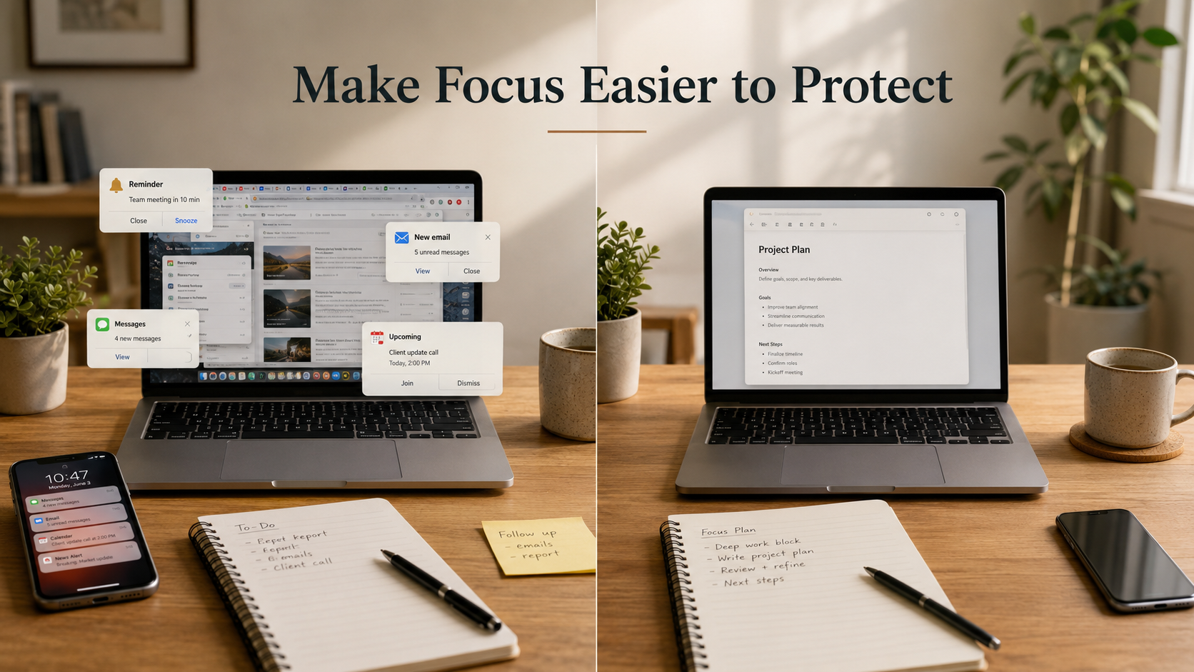 The same workspace shown with frequent digital distractions and then simplified to support uninterrupted concentration. The same workspace shown with frequent digital distractions and then simplified to support uninterrupted concentration.