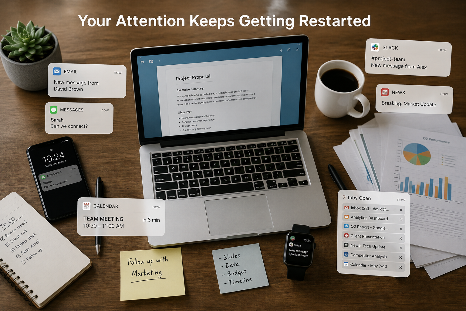 A work desk with multiple digital notifications and open tasks showing how interruptions repeatedly pull attention away from focused work. A work desk with multiple digital notifications and open tasks showing how interruptions repeatedly pull attention away from focused work.