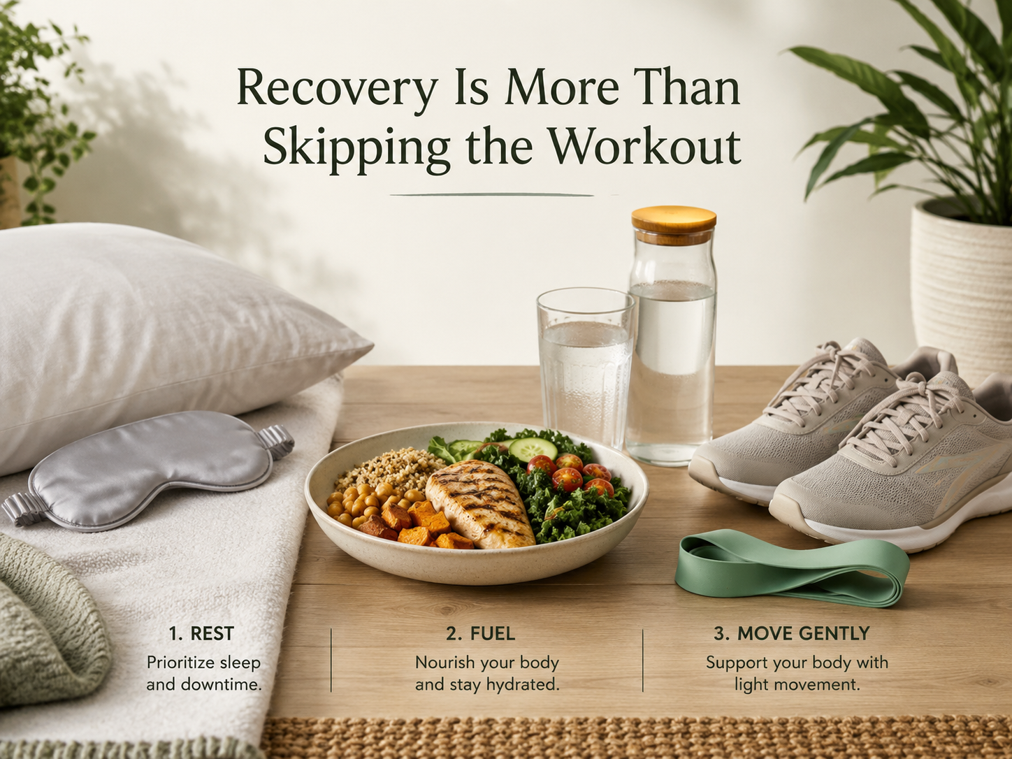 Sleep, nutrition, hydration, and gentle movement shown as different parts of a useful recovery day.