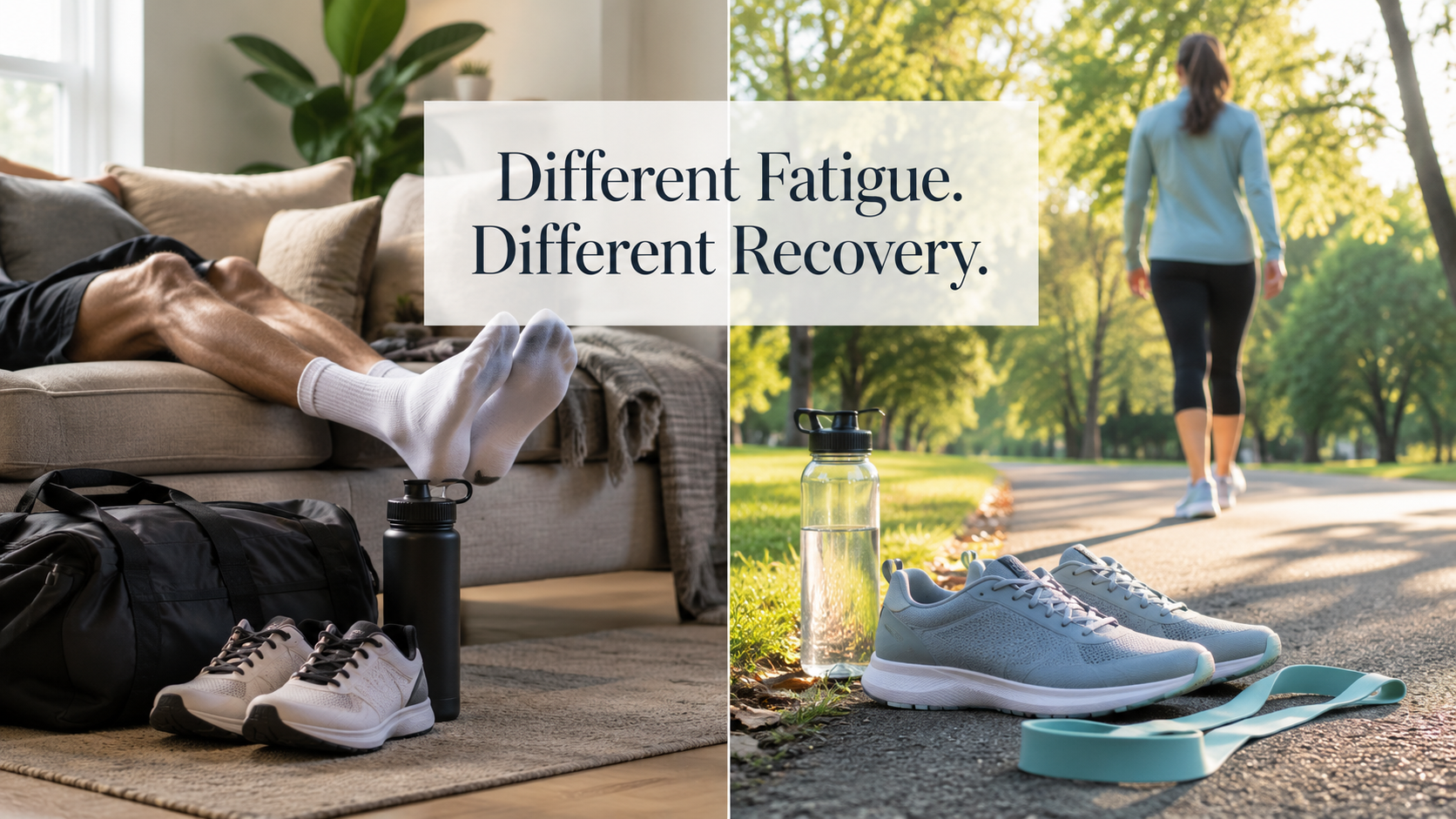 Two different approaches to a recovery day showing complete rest after hard training and gentle movement during an active recovery day.