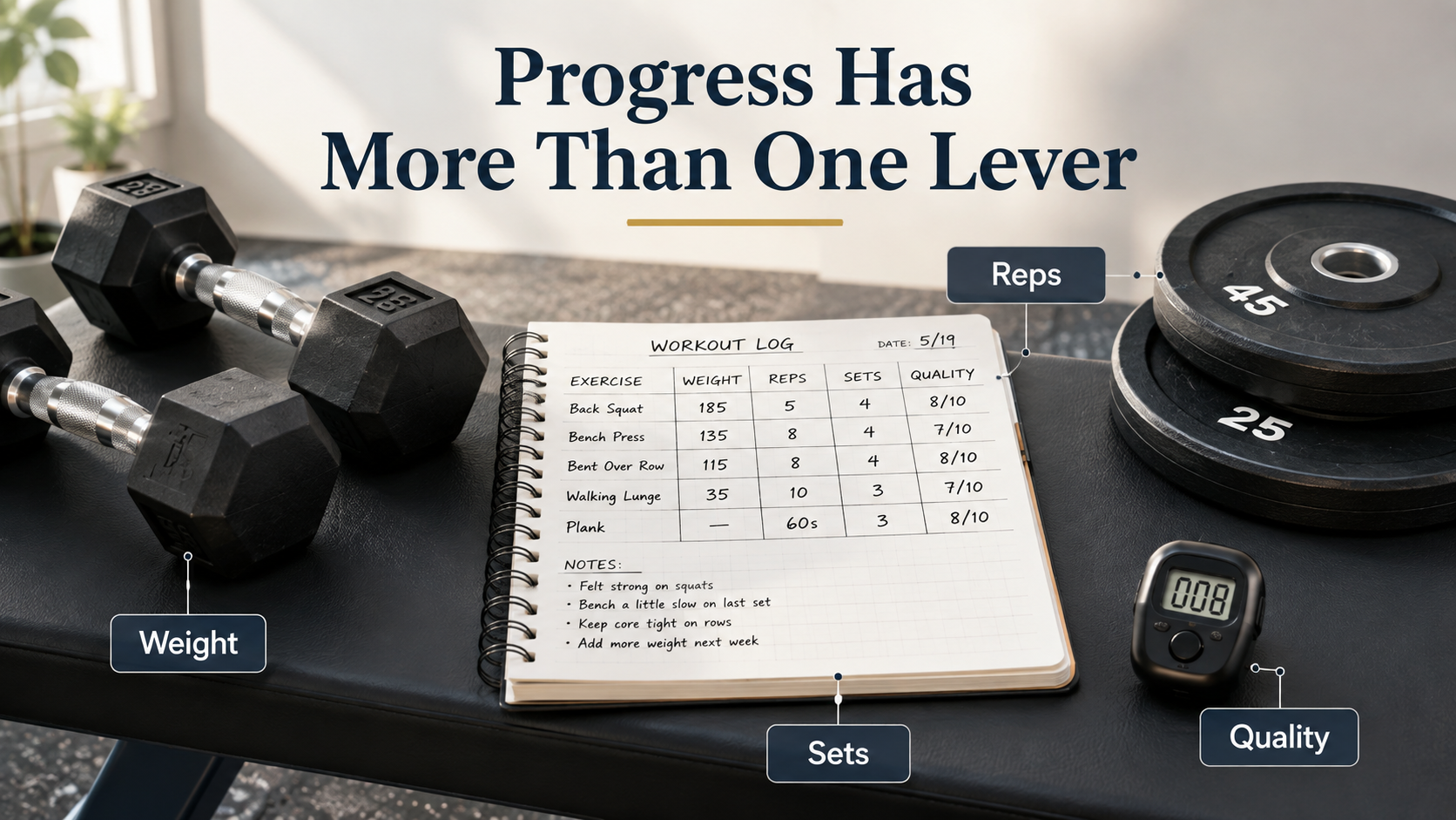 Gym equipment and a workout log illustrating weight, repetitions, sets, and training quality as different ways exercise can progress.