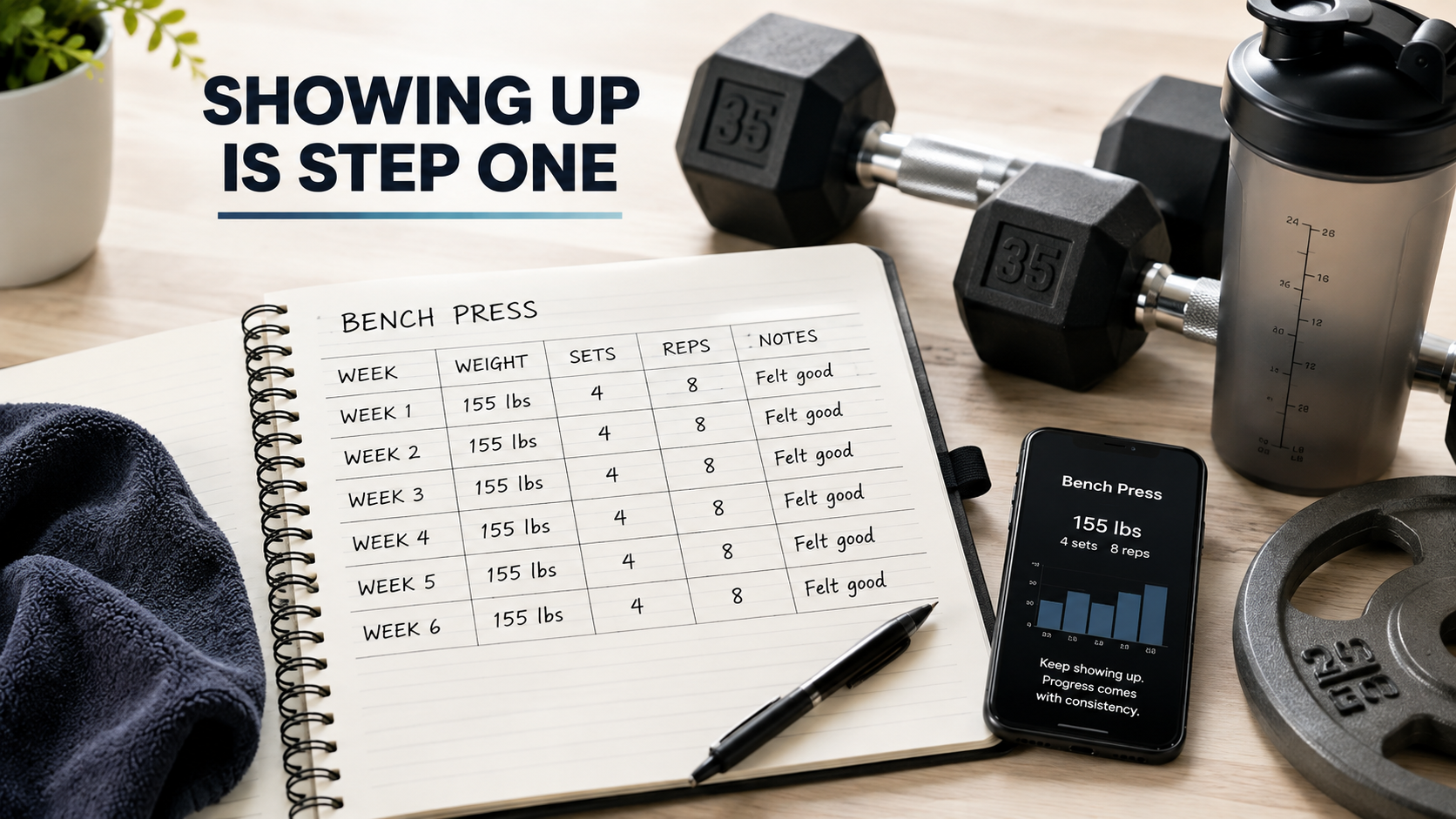 A gym training log showing the same weights and repetitions repeated over several weeks, illustrating a workout plateau.
