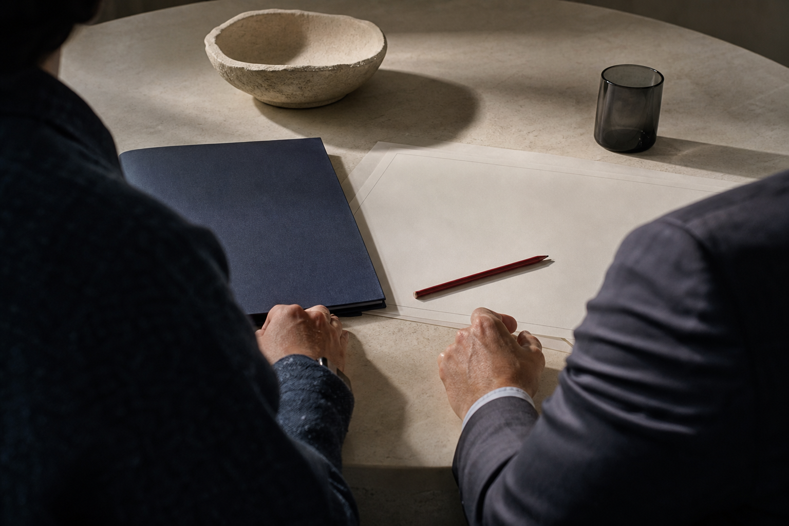Founder operators reviewing a raise folder and operating map