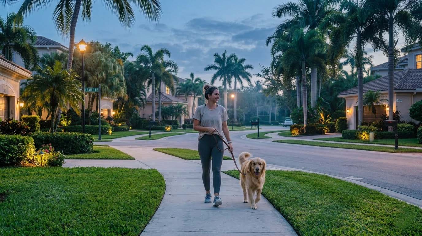 A quiet morning in a South Florida suburban neighborhood, woman walking her dog along a tree-lined sidewalk, soft sunrise light, palm trees swaying, peaceful atmosphere, no traffic, lifestyle photography, natural candid moment A quiet morning in a South Florida suburban neighborhood, woman walking her dog along a tree-lined sidewalk, soft sunrise light, palm trees swaying, peaceful atmosphere, no traffic, lifestyle photography, natural candid moment