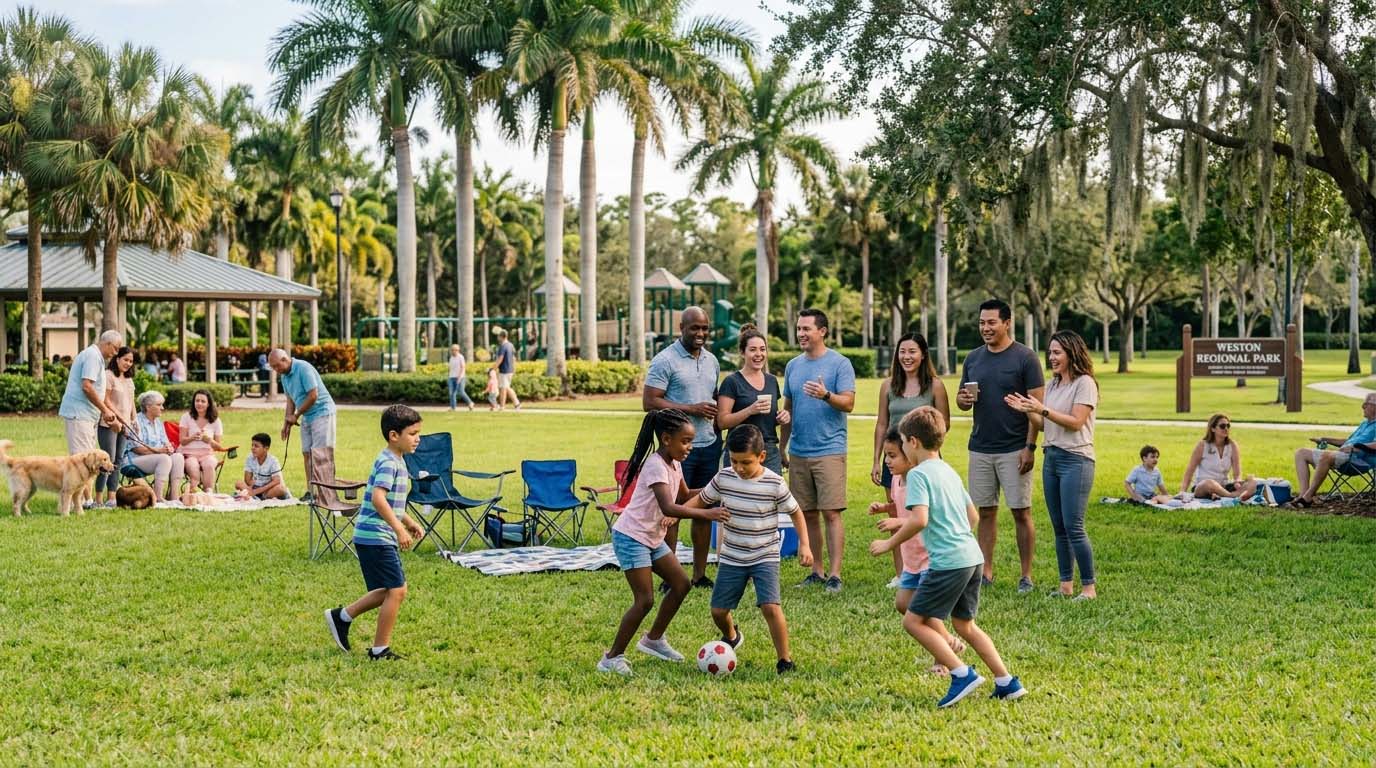 Families gathering at a local park in Weston Florida, kids playing soccer, parents talking and smiling, green open space, sunny day, diverse families, authentic candid moment, vibrant but natural colors, lifestyle photography Families gathering at a local park in Weston Florida, kids playing soccer, parents talking and smiling, green open space, sunny day, diverse families, authentic candid moment, vibrant but natural colors, lifestyle photography