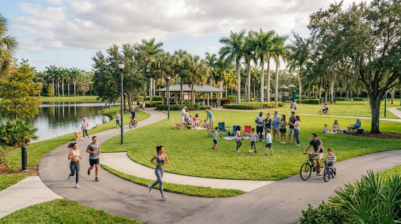 Families gathering at a local park in Weston Florida, kids playing soccer, parents talking and smiling, green open space, sunny day, diverse families, authentic candid moment, vibrant but natural colors Families gathering at a local park in Weston Florida, kids playing soccer, parents talking and smiling, green open space, sunny day, diverse families, authentic candid moment, vibrant but natural colors