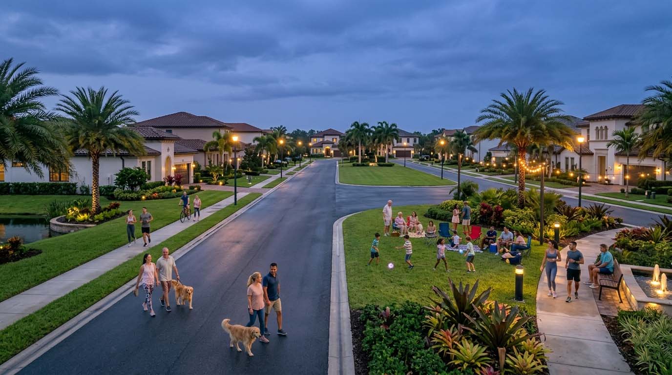Sunset in a Weston Florida residential community, warm golden sky, families walking, kids playing outside, soft glowing streetlights, peaceful suburban atmosphere, cinematic Sunset in a Weston Florida residential community, warm golden sky, families walking, kids playing outside, soft glowing streetlights, peaceful suburban atmosphere, cinematic