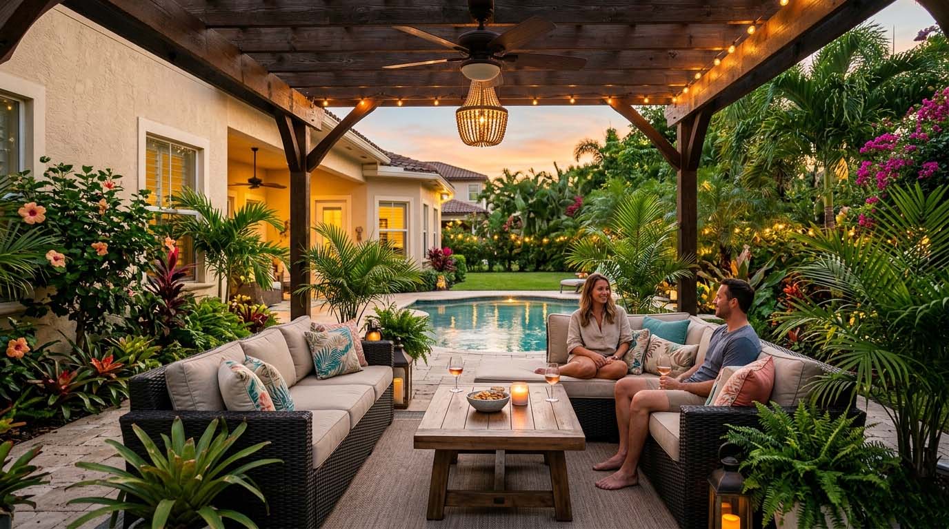 Couple relaxing in a covered backyard patio with pool, tropical landscaping, and outdoor seating in a Weston Florida home Couple relaxing in a covered backyard patio with pool, tropical landscaping, and outdoor seating in a Weston Florida home