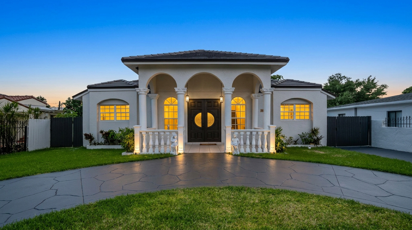 A grand Mediterranean-style luxury home with manicured landscaping and a stately entrance.
