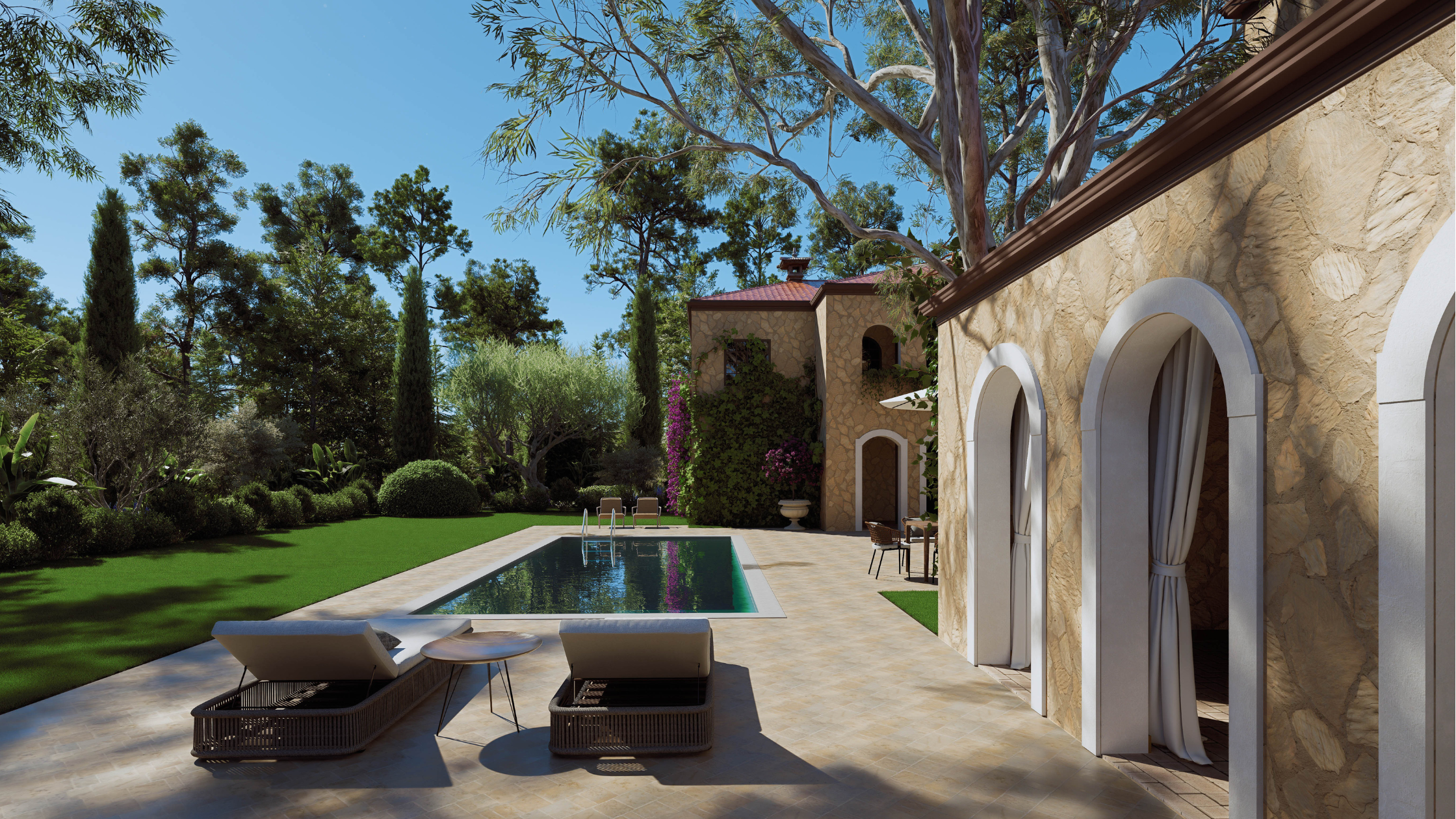 Luxury Villa Courtyard with Pool and Lounge Chairs
