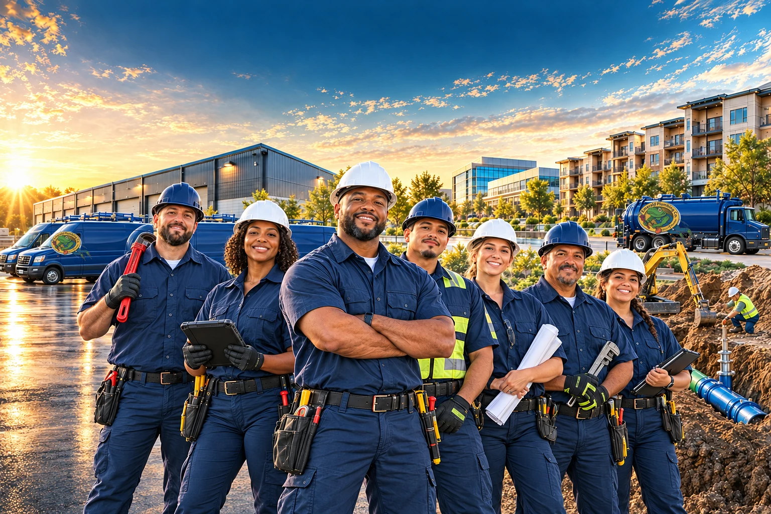 A diverse Emerald Plumbing team of Black, White, and Hispanic professionals with service vehicles