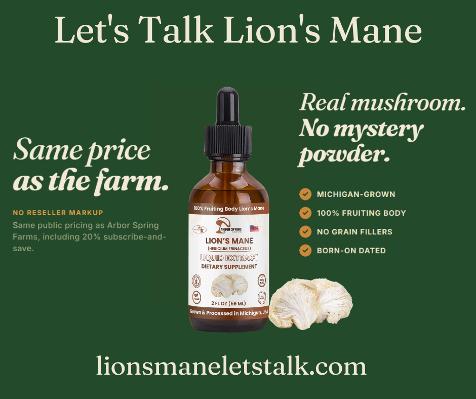 Lion's Mane tincture fact sheet — 100% fruiting body, Michigan-grown