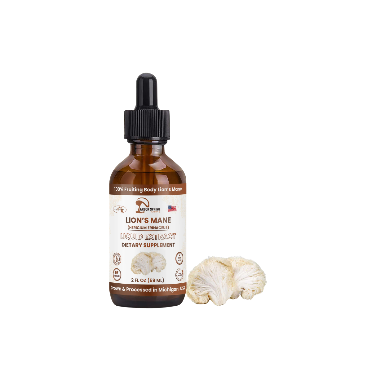 Let's Talk Lion's Mane tincture bottle with mushroom
