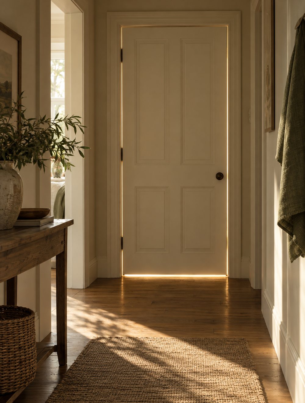 Morning light glowing around a closed door
