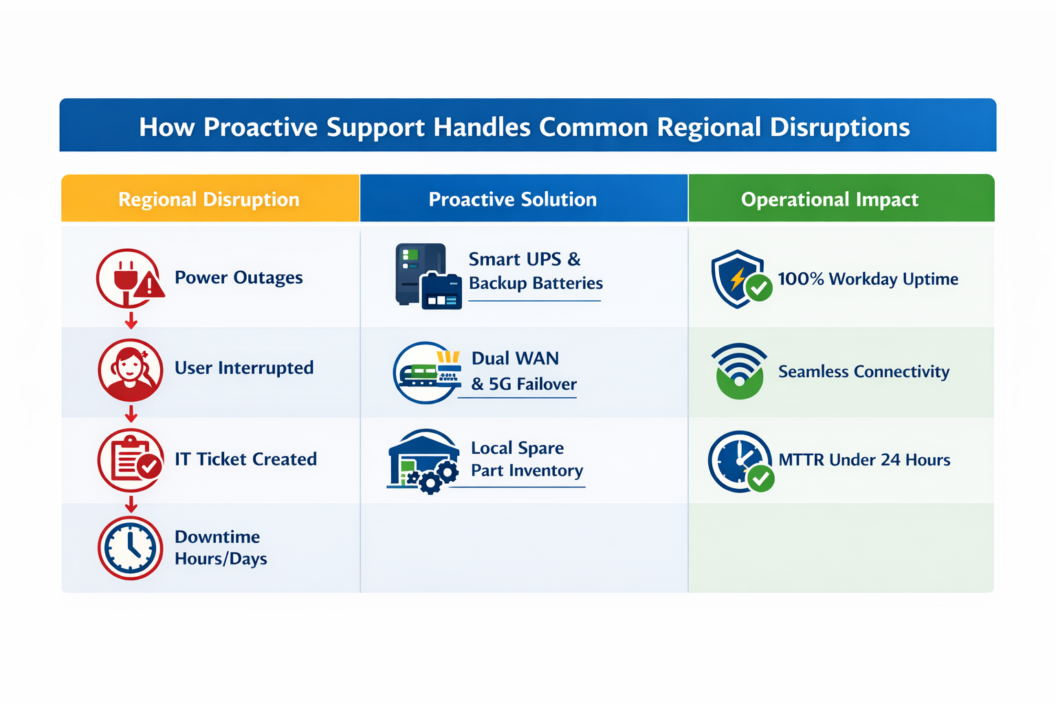 Infographic table showing how proactive tech support handles regional disruptions like power outages, internet instability, and hardware shortages for remote teams in the Middle East