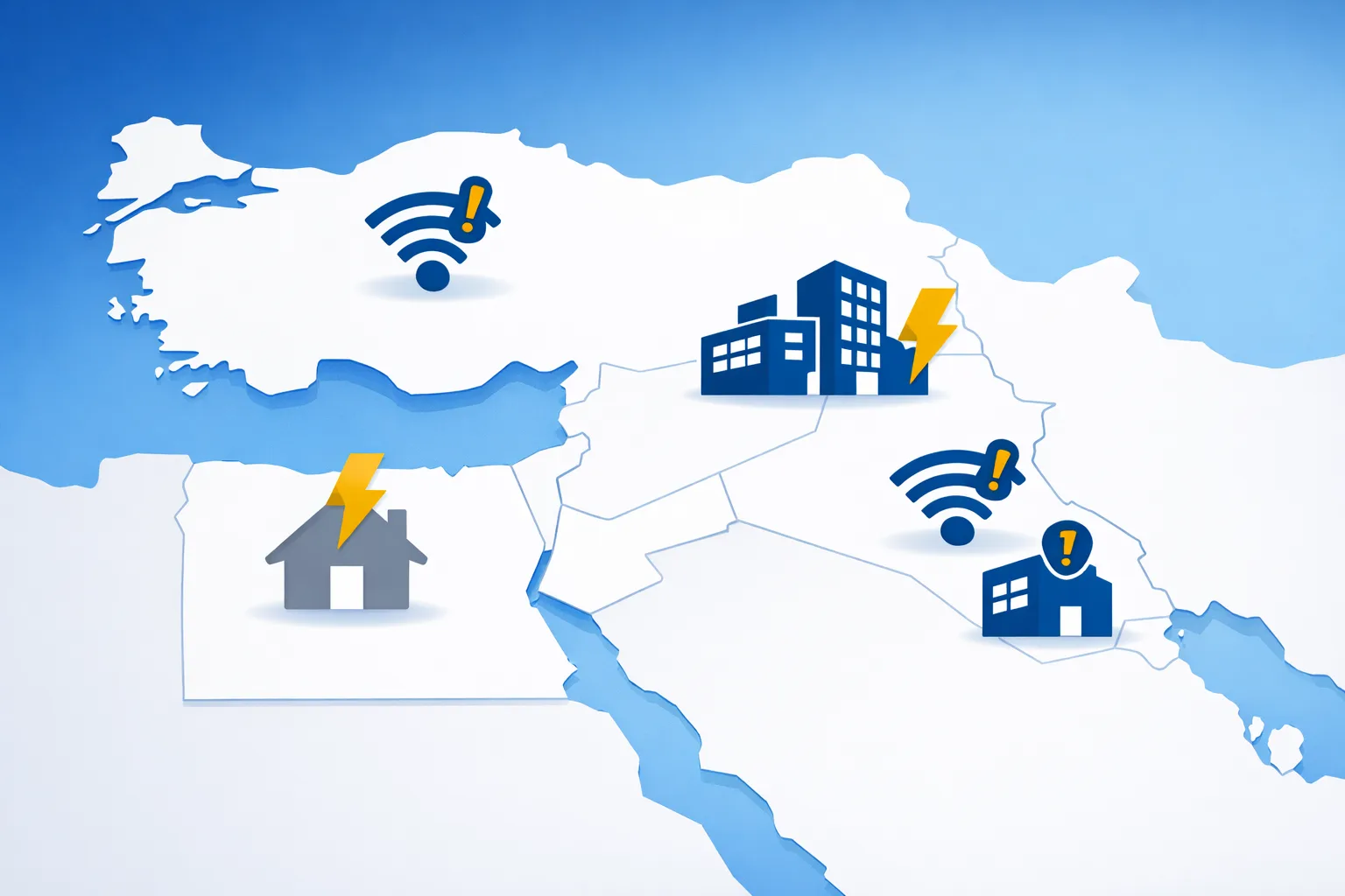 Simplified MENA map highlighting Egypt, Turkey, Jordan, and Syria with icons representing power instability, ISP variability, and the need for secure operational hubs, illustrating why global companies require physical anchors in volatile markets.